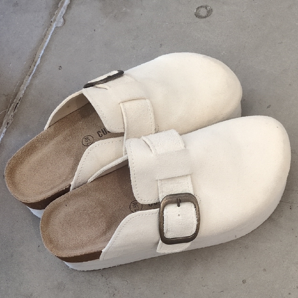 Women's Cream Suede Slip-On Clog Mule with Buckle